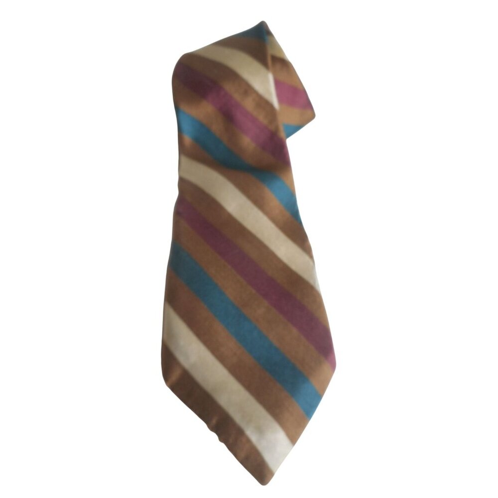 Vintage Resilio Striped Cream Brown Teal Burgundy Mens Tie Necktie Estate Find